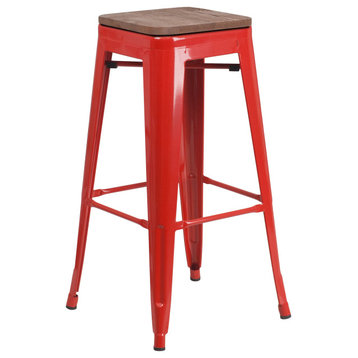 30" Bar Height Red Metal Dining Stool With Wooden Seat