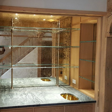 Custom Antique Mirror Backsplash and Glass Shelving