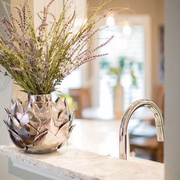 Kitchen | Two-Tone Cabinets | Cambria Quartz | Arabesque Marble Backsplash