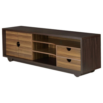 Contemporary TV Stand, Open Compartments With Cutouts Handles, Wenge