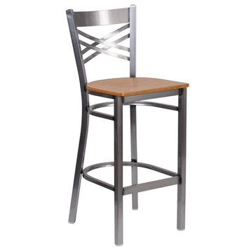Clear Coated ''x'' Back Metal Restaurant Barstool, Natural Wood Seat