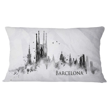 Barcelona Black Silhouette Cityscape Painting Throw Pillow, 12"x20"