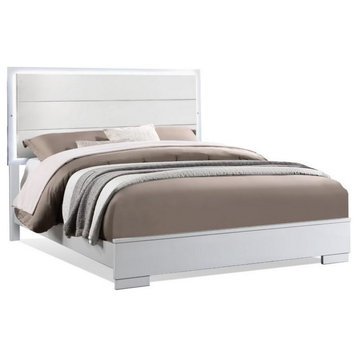 Benzara BM283225 Queen Size Bed, Panel Headboard, LED Light, Crisp White Finish