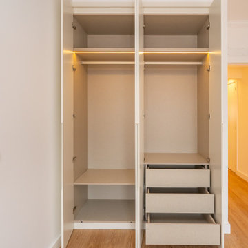 Open Closet with Shelves, Hanging Rails and Drawers