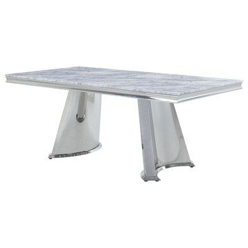 ACME Destry Dining Table in Faux Marble Top & Mirrored Silver Finish