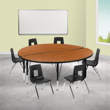 Flash Furniture 8 Piece 60" Circle Wave Wood Top Activity Table Set in Oak