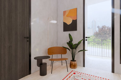 Diseño de salón tipo loft moderno pequeño con paredes beige y televisor colgado en la pared