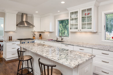 Kitchen - large transitional l-shaped dark wood floor and brown floor kitchen idea in Detroit with an undermount sink, shaker cabinets, white cabinets, white backsplash, subway tile backsplash, stainless steel appliances and an island