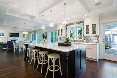 Large transitional single-wall dark wood floor open concept kitchen photo in Vancouver with shaker cabinets, white cabinets, gray backsplash and an island