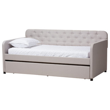 Kilian Beige Fabric Upholstered Button-Tufted Twin Sofa Daybed With Trundle