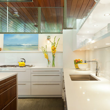 CODE Artic White Glossy Laminate and Cinnamon Walnut Matte Wood Kitchen Remodel