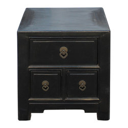 Oriental Distressed Black 3 Drawers End Table Nightstand - Side Tables And End Tables