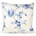 Studio Design Interiors - Blue Rose 90/10 Duck Insert Pillow With Cover, 22x22 - Full, round roses,climbing across a field of buttermilk linen, are a timeless subject for this cultivated pillow in blue and white. Backed with a soft coordinated decorator woven in cream. Quietly graceful.