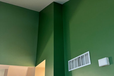 Example of a mid-sized classic open concept vaulted ceiling living room design in Other with green walls