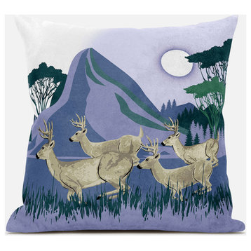 16x16 Brown Blue Green Deer Blown Seam Broadcloth Animal Print Throw Pillow
