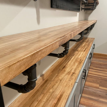 Industrial Basement Bar Shelving with Butcher Block — Gahanna, Ohio