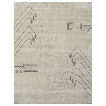Hand Knotted Loom Silk Mix Area Rug Contemporary Cream