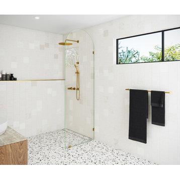28"x86.75" Frameless Shower Door Arched Single Fixed Panel, Satin Brass
