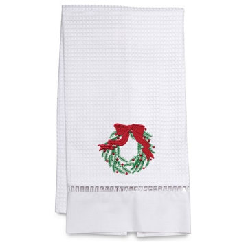 Waffle Weave Guest Towel, Christmas Wreath, Green
