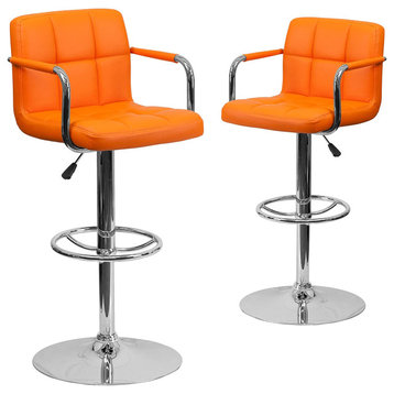 Set of 2 Modern Bar Stool, Quilted Vinyl Seat With Elegant Chrome Arms, Orange