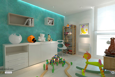 Diseño de dormitorio infantil de 1 a 3 años contemporáneo de tamaño medio con paredes verdes y suelo de madera clara