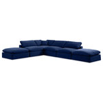 Meridian Furniture - Comfy Upholstered L-Shaped Modular Sectional, Navy, 6-Piece: 3 Armless Chair, 1 Corner Chair, 2 Ottoman, Velvet - Give your space a whole new look with this navy Comfy velvet sectional. This handsome sectional fits nicely with other items in the Comfy collection and is a versatile seating option designed for adaptability, comfort and style. Wrapped in rich navy durable velvet upholstery, this sectional offers a plush embrace of overstuffed down feather cushions, carefully crafted to deliver the highest level of comfort. The perfect seat for creating an oasis for relaxation, this sectional has thick foam surrounding its frame for added support and coziness.