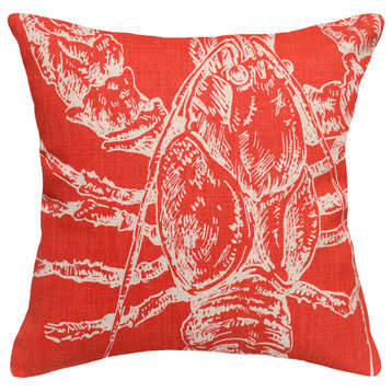 Lobster Printed Linen Pillow With Feather-Down Insert, Coral Red