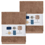 Linum Home Textiles - Khloe 2 Piece Embellished Washcloth Set - The KHLOE Embellished Towel Collection features a mod geometric grid embroidery on a woven textured border.