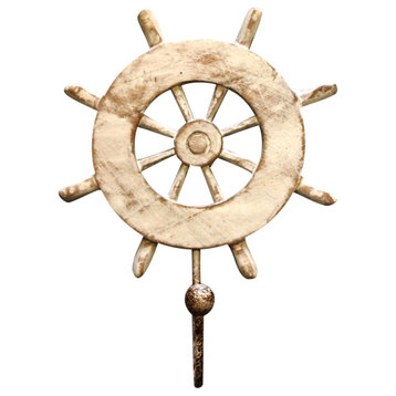 Whitewashed Ships Wheel with Single Wall Hook Wood 9 Inches