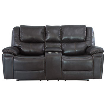 Aiden Leather Air Reclining Sofa With Console Loveseat, Brown