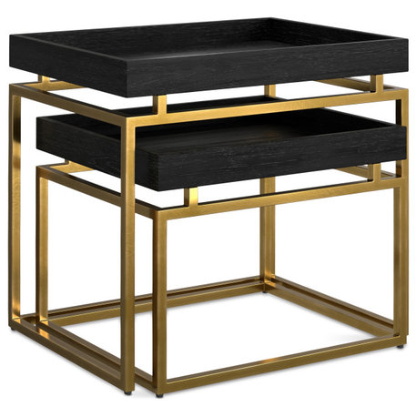 Macy Solid Mango Wood 2 Pc Nesting Table, Black, Gold