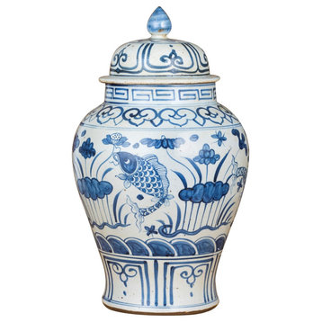 Blue & White Small Porcelain Temple Jar Fish Lotus Motif
