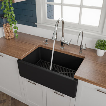 30" Black Matte Reversible Smooth/Fluted Single Bowl Fireclay Farm Sink