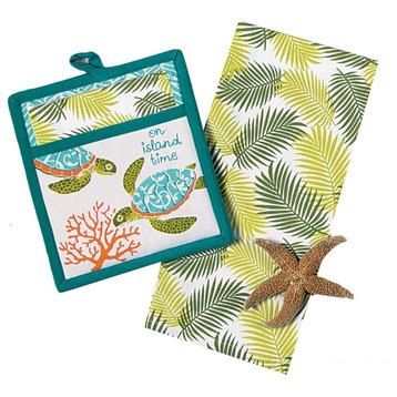 Island Time Sea Turtle Palm Fonds Kitchen Towel and Oven Mitt Two Piece Gift