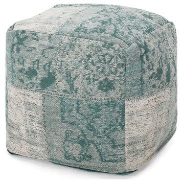 Blaise Hand-Loomed Boho Fabric Cube Pouf, Teal/Beige