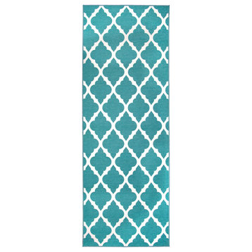 My Magic Carpet Moroccan Trellis Teal Rug, 2.5'x7'