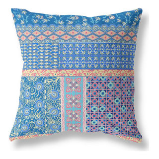 Flower Castle Patchwork Faux Suede Fabric Throw Pillow in Blue and