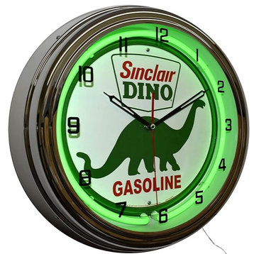 Sinclair Dino Gasoline Motor Oil Sign Neon Garage Clock, 16" Green