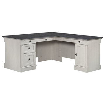 Pemberly Row Engineered Wood L-Shaped Desk in Glacier Oak/Rosso Slate Accents