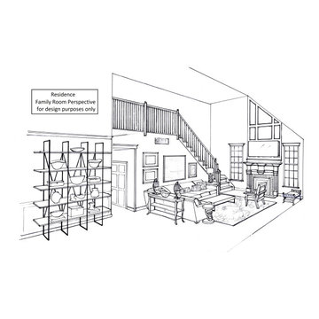 Black and White Perspective drawing of New Hope Family Room and Kitchen