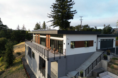 Large trendy gray two-story stucco exterior home photo in San Francisco