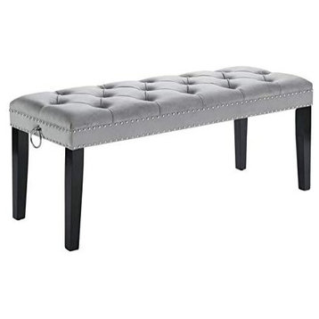 Contemporary Dining Bench, Tapered Legs and Tufted Seat With Nailhead Trim, Gray