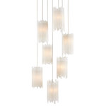Currey & Company - Escenia Multi-Drop Pendant, 7-Light - The Escenia 7-Light Multi-Drop Pendant has shades made of natural selenite. The ribs of the essential natural material are staggered top and bottom, which brings the shape of the shades added interest. The metal stems in a painted silver finish are thin so that the shades seem to float. When the lights are switched on, a beautiful glow is created by the crystal bars. We offer the Escenia in a number of different configurations with multiple shades.