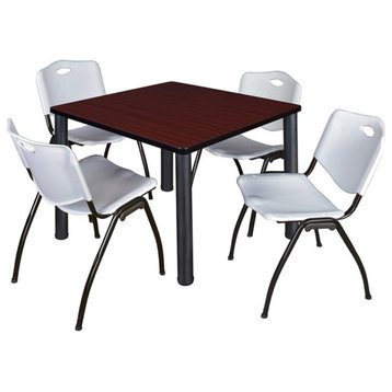 Kee 42" Square Breakroom Table, Mahogany, Black and 4 'M' Stack Chairs, Gray