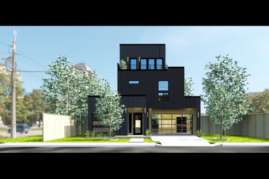 Mid-sized trendy black three-story mixed siding exterior home photo with a metal roof and a black roof
