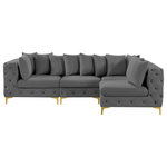 Meridian Furniture - Tremblay Modular Sectional, Grey, L-Shaped, 4-Piece: Armless (2), Corner (2) - Lean back and relax on this Tremblay sectional. Featuring soft grey velvet upholstery with deep button tufting, this sectional adds a bold touch to any living space. A complete set of gold and chrome legs are included, so you can change it up to suit your home decor. This sectional is modular, so you can create infinite configurations with it, which are easily attached using the latch underneath the frame. Its contemporary design is perfect for the modern home.
