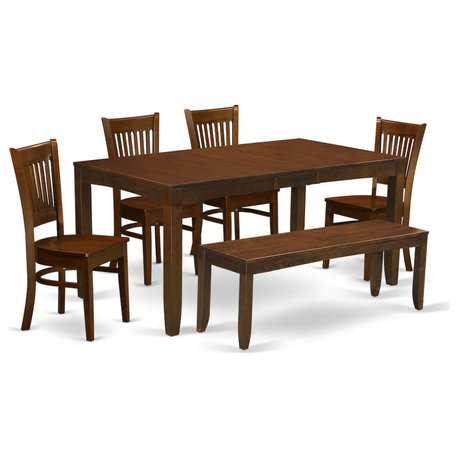 6-Piece Table With 12" Leaf and 4 Wood Chairs With Bench, Espresso