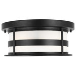 Sea Gull Lighting - Sea Gull Lighting Wilburn 2 Light Outdoor Flush Mount, Black/Satin - With a nod to retro-industrial chic, the Wilburn outdoor fixtures wraps a white frosted glass shade in a fun metal cage to create a casual and easygoing look. Offered in Antique Bronze and Black finishes with Etched White glass, the assortment includes a one-light outdoor pendant, small medium, large, and extra-large one-light outdoor wall lanterns, a one-light out door post lantern and a one-light outdoor ceiling flush mount. Both incandescent lamping and ENERGY STAR-qualified LED lamping are available for most of the fixtures, and some can easily convert to LED by purchasing LED replacement lamps sold separately.