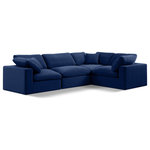 Meridian Furniture - Comfy Upholstered L-Shaped Modular Sectional, Navy, 4-Piece: 1 Armless Chair, 3 Corner Chair, Velvet - Give your space a whole new look with this navy Comfy velvet sectional. This handsome sectional fits nicely with other items in the Comfy collection and is a versatile seating option designed for adaptability, comfort and style. Wrapped in rich navy durable velvet upholstery, this sectional offers a plush embrace of overstuffed down feather cushions, carefully crafted to deliver the highest level of comfort. The perfect seat for creating an oasis for relaxation, this sectional has thick foam surrounding its frame for added support and coziness.