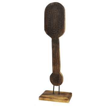 Hand-carved Tribal Paddle Reclaimed Wood Sculpture on Wood Stand